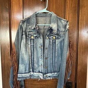 Denim Jacket with Fringe Sleeves